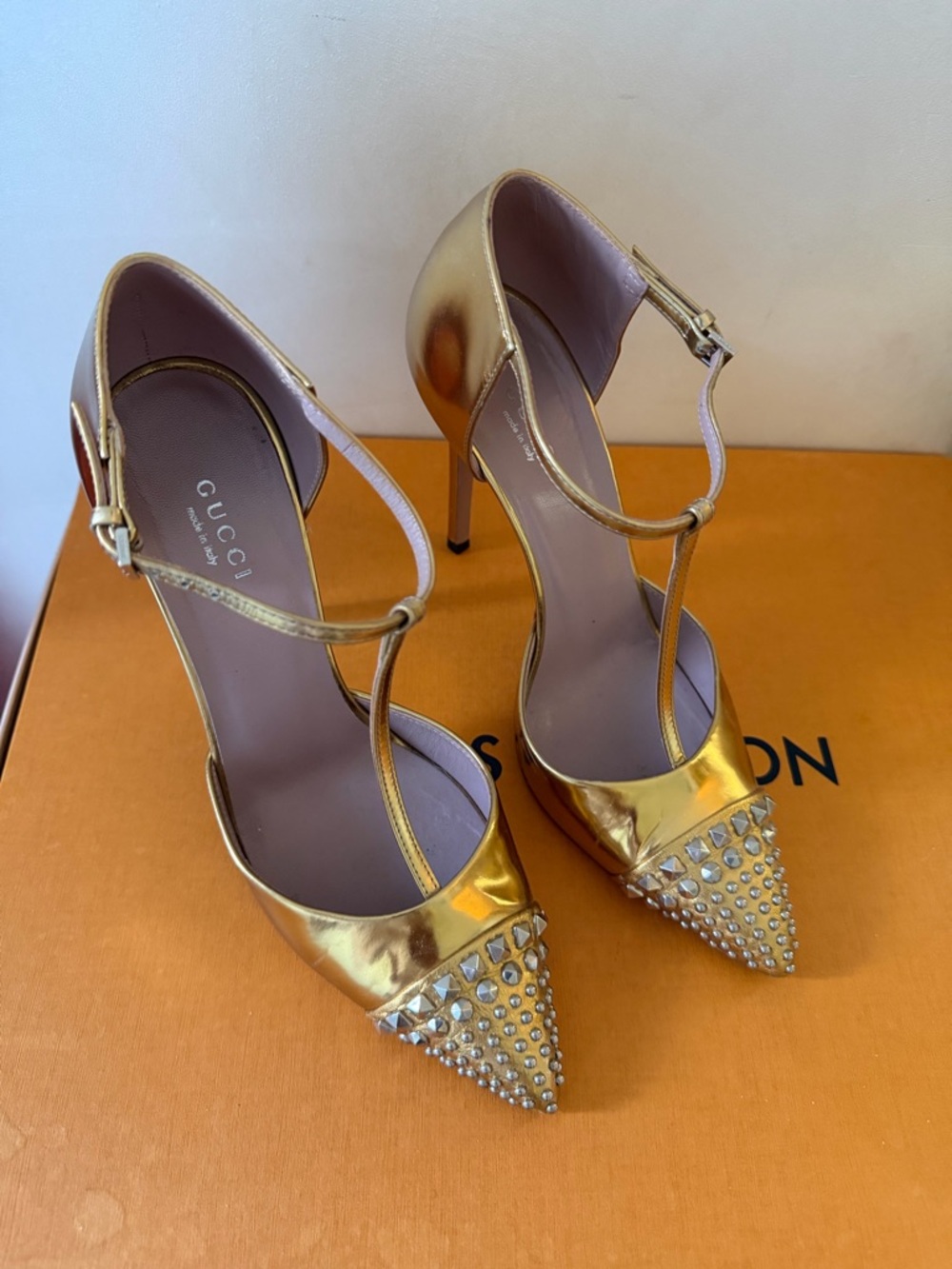 Gucci Metallic Gold Studded Pointed-Toe T‑Strap Stilettos - Picture 15 of 16